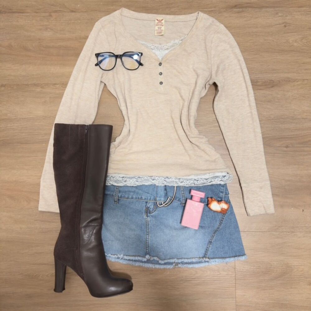 Clean Girl Cream Faded Glory Henley Long Sleeve Top